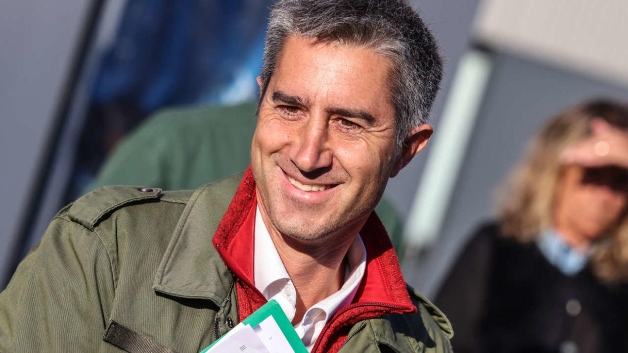 French left-wing coalition NUPES (New People's Ecologic and Social Union) and La France Insoumise (LFI) Member of Parliament Francois Ruffin reacts during a meeting with employees of Scopelec in Saint-Orens-de-Gameville, southwestern France on September 19, 2022. - Scopelec is in great difficulty since the loss of a major contract with Orange, which subcontracted part of its activities to Scopelec such as fiber optic installation and copper network maintenance. (Photo by Charly TRIBALLEAU / AFP)