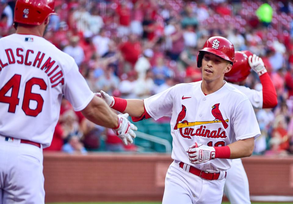 First baseman Paul Goldschmidt (46) and second baseman Tommy Edman, right, have helped make the St. Louis Cardinals one of MLB's top offenses this season.