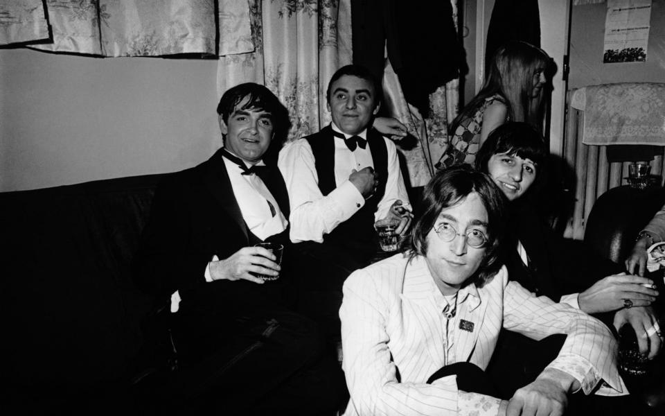 John Lennon and Ringo Starr visit Gerry Marsden - and his co-star Derek Nimmo - backstage at the Adelphi Theatre in London, after Marsden's first night in the West End musical Charlie Girl, 1968 - Getty