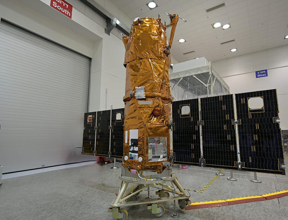 The Ofek 16 sits on display at an Israel Aerospace Industries facility in central Israel shortly before launch Monday, July 6, 2020. The new spy satellite was launched into space from central Israel early Monday, giving Israel an additional tool to keep tabs on its enemies. (Israel Ministry of Defense Spokesperson's Office via AP)