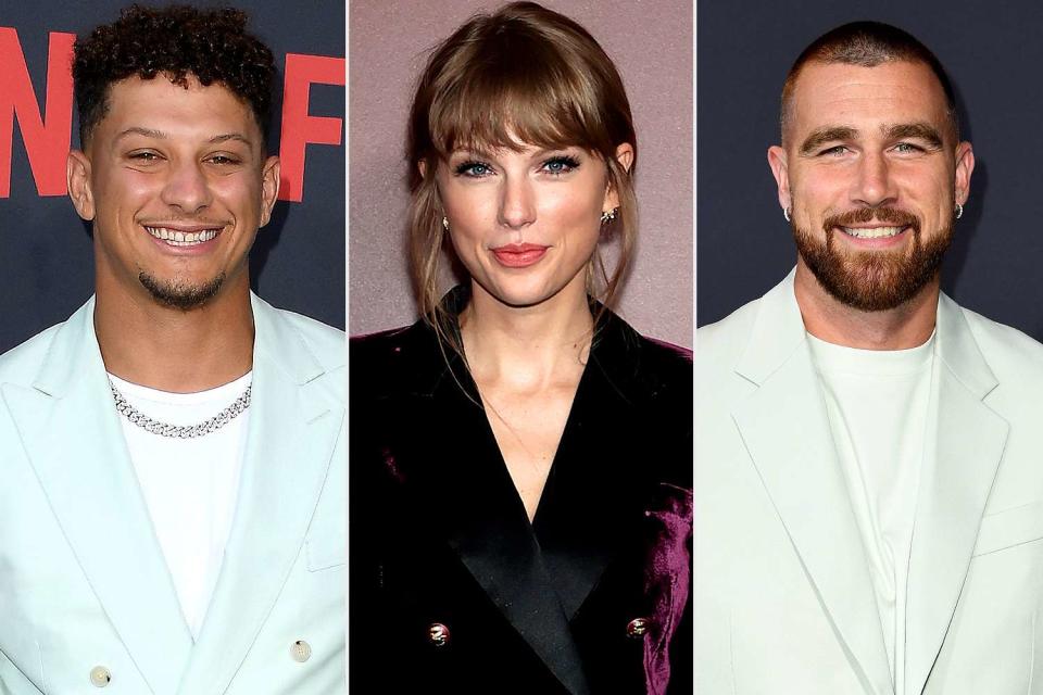 <p>Steve Granitz/FilmMagic; Dimitrios Kambouris/Getty Images; JC Olivera/Getty Images</p> Patrick Mahomes, Taylor Swift and Travis Kelce.