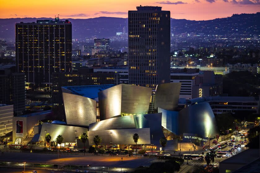 A view of Walt Disney Concert Hall at dusk in February of 2018