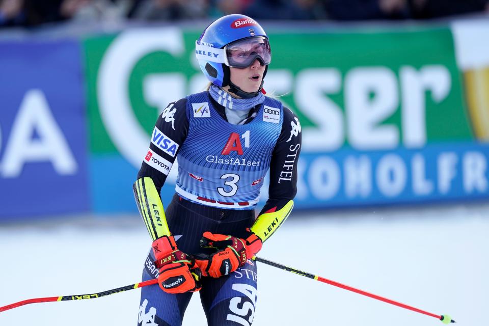 Mikaela Shiffrin checks her time at the end of an alpine ski during the women's World Cup giant slalom race in Lienz, Austria.