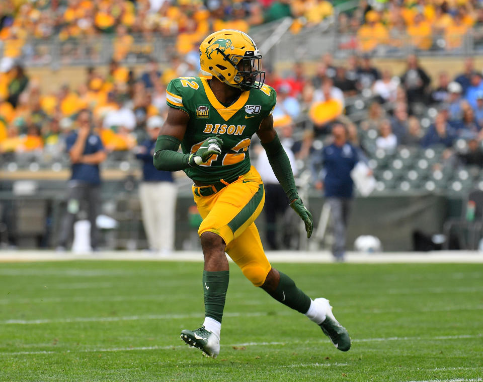 MINNEAPOLIS, MINNESOTA - AUGUST 31:  Linebacker Jabril Cox #42 of the North Dakota State Bison reacts on defense during his team's game against the Butler Bulldogs at Target Field on August 31, 2019 in Minneapolis, Minnesota.  (Photo by Sam Wasson/Getty Images)