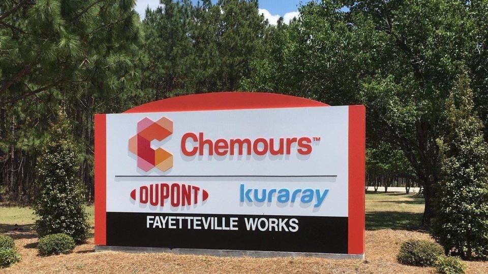 The sign at the entrance to the Chemours chemical factory on N.C. 87 south of Fayetteville. Workers are voting on Thursday and Friday whether to form a union.