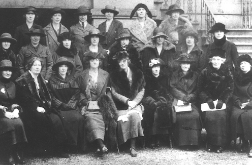 <span class="caption">The executive of Cumann na mBan in February, 1922. The author's grandmother can be seen on the second row, third from the right. </span> <span class="attribution"><a class="link " href="https://www.ucd.ie/archives/collections/depositedcollections/items/collectionname,235170,en.html" rel="nofollow noopener" target="_blank" data-ylk="slk:UCD/Sighle Humphreys archives;elm:context_link;itc:0;sec:content-canvas">UCD/Sighle Humphreys archives</a></span>