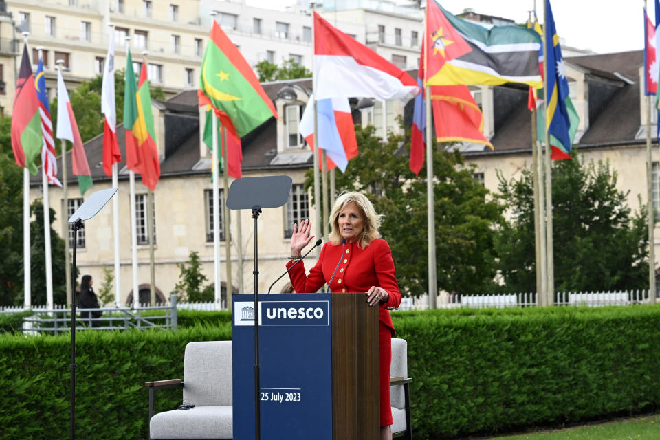 First Lady Jill Biden delivers a speech during a ceremony at the UNESCO headquarters in Paris, Tuesday, July 25, 2023. U.S. first lady Jill Biden visited Paris on Tuesday to attend a flag-raising ceremony at UNESCO, marking Washington's official reentry into the U.N. agency after a five-year hiatus. (Bertrand Guay, Pool via AP)