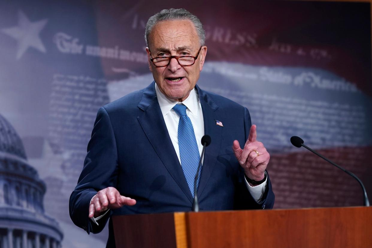 Senate Majority Leader Chuck Schumer speaks to reporters in the Capitol. (Copyright 2021 The Associated Press. All rights reserved)