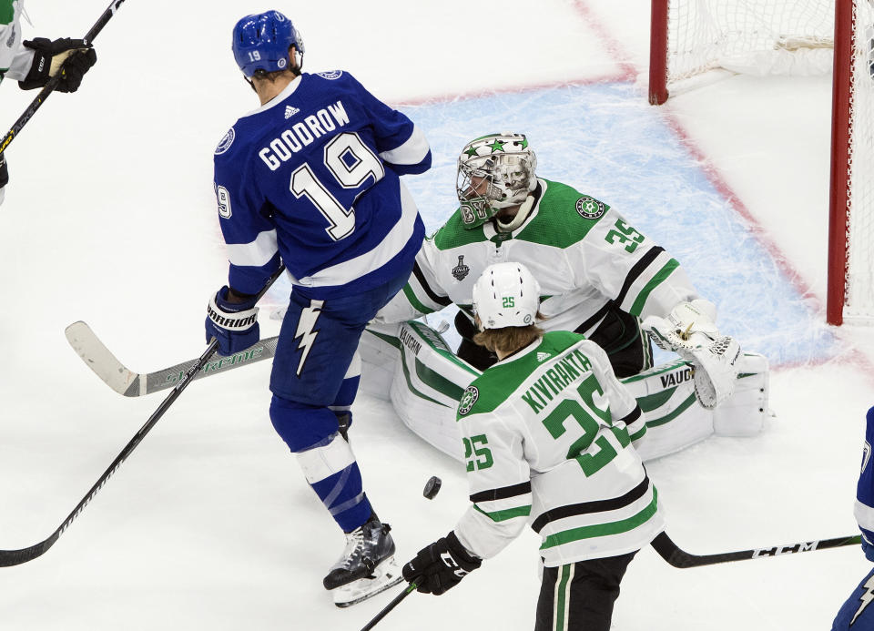 Dallas Stars goalie Anton Khudobin (35) makes a save against Tampa Bay Lightning's Barclay Goodrow (19) as Stars' Joel Kiviranta (25) defends during second-period NHL Stanley Cup finals hockey action in Edmonton, Alberta, Monday, Sept. 21, 2020. (Jason Franson/The Canadian Press via AP)