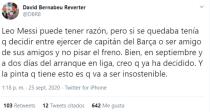 David Bernabéu, de Deportes Cuatro, opinaba que el argentino, una vez que se quedó, tendría que haber ejercido de capitán. (Foto: Twitter / <a href="http://twitter.com/DBR8/status/1309452292253528064" rel="nofollow noopener" target="_blank" data-ylk="slk:@DBR8;elm:context_link;itc:0;sec:content-canvas" class="link ">@DBR8</a>).