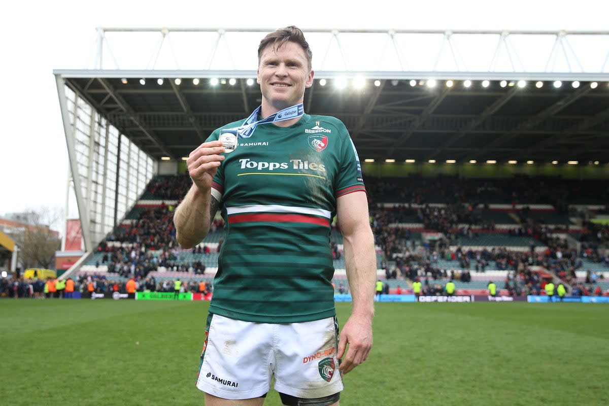 Chris Ashton poses with his man of the match medal after his record-breaking display for Leicester (Nigel French/PA) (PA Wire)