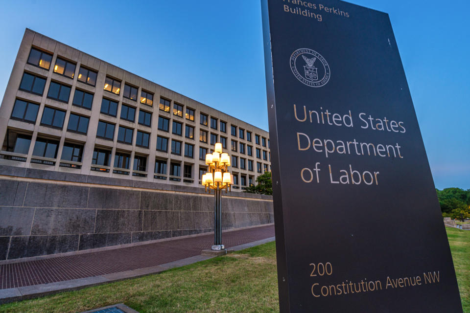 WASHINGTON, DC - JUNE 21: The US Department of Labor headquarters building is seen at dusk on June 21, 2024 in Washington, DC. (Photo by J. David Ake/Getty Images)