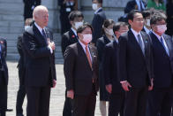 U.S. President Joe Biden, front, left, and Japan's Prime Minister Fumio Kishida, front right, listen to the national anthem during a welcome ceremony for President Biden, at the Akasaka Palace state guest house in Tokyo, Japan, Monday, May 23, 2022. (AP Photo/Eugene Hoshiko, Pool)