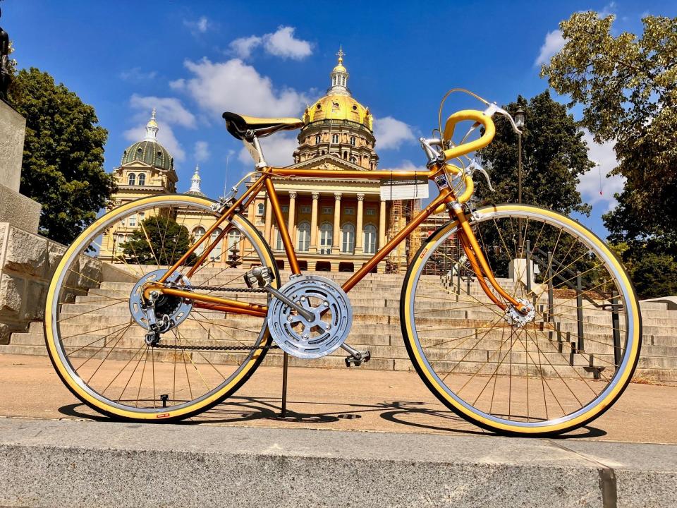 Rick Paulos has ridden parts of all 50 RAGBRAIs. This year he rode a gold bicycle to mark the 50th anniversary.