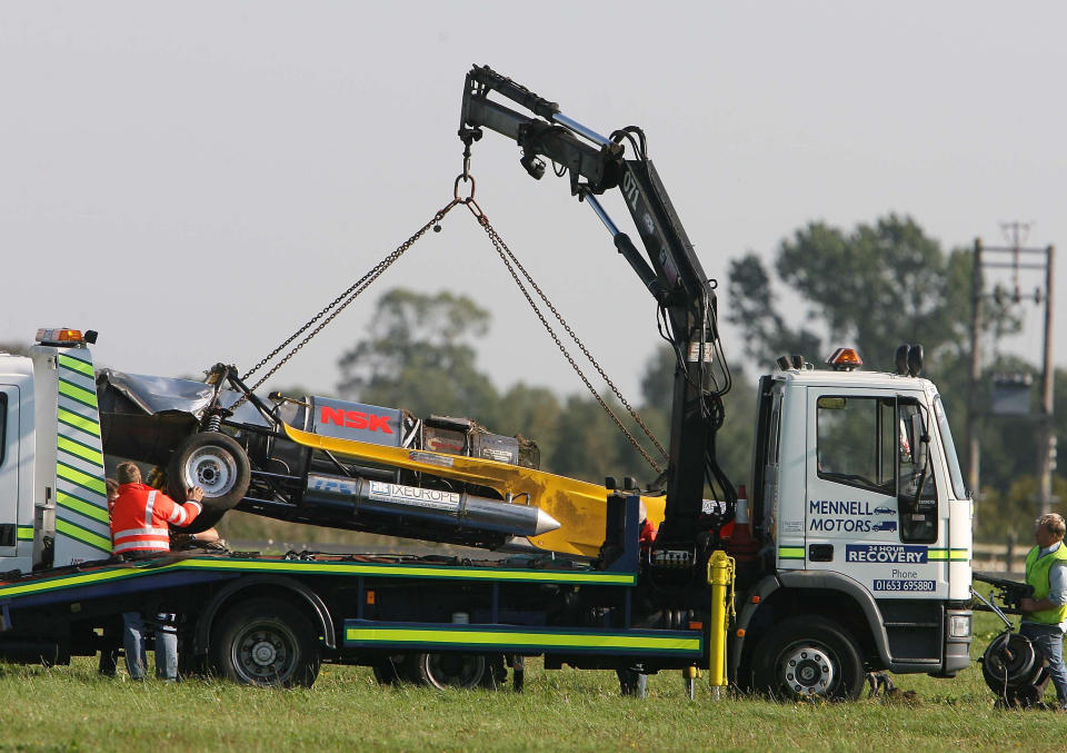 The car that Top Gear presenter Richard Hammond crashed in, at Elvington airfield near York is recovered.   (Photo by Owen Humphreys - PA Images/PA Images via Getty Images)