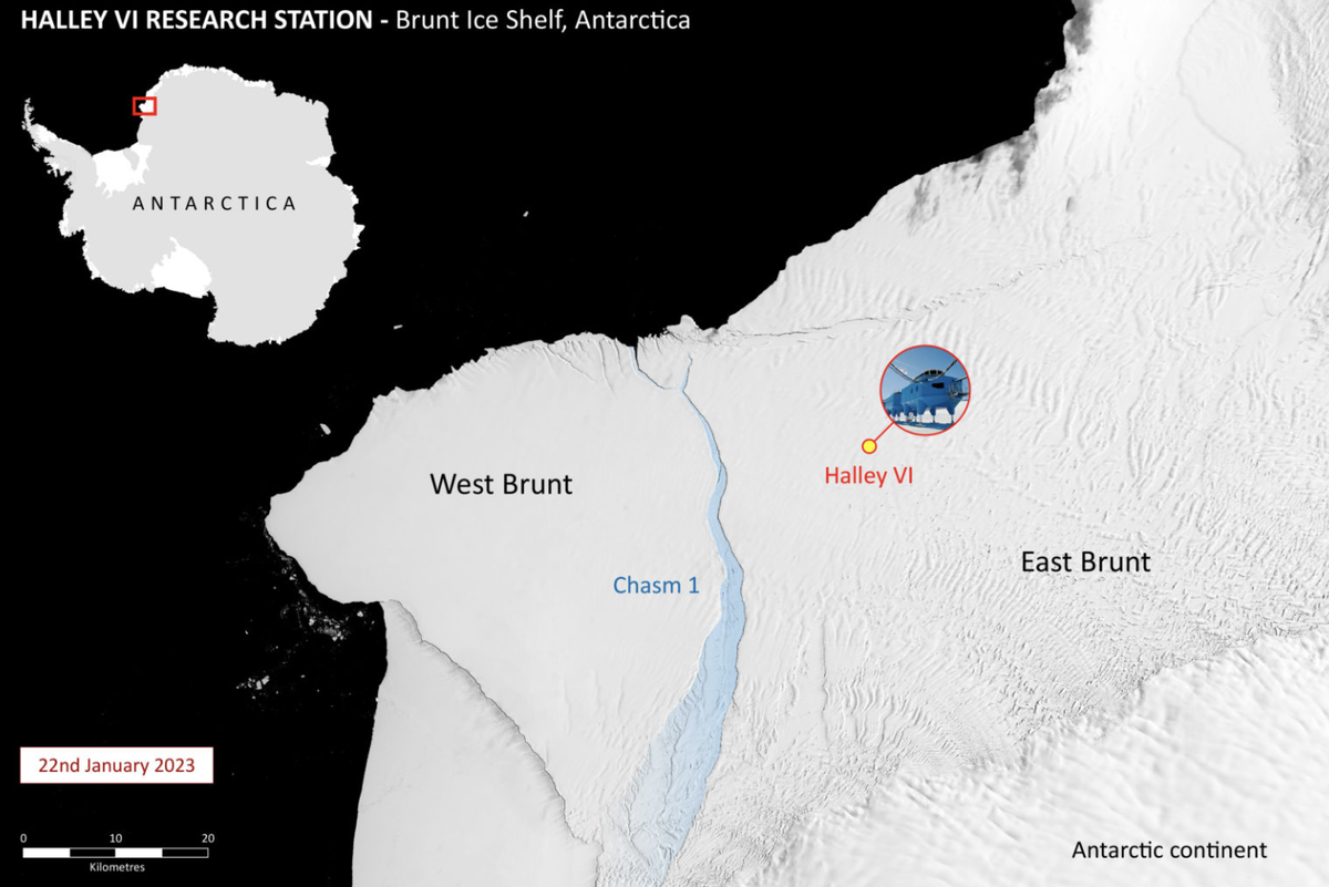 A map shows the location of Chasm 1 on the Brunt Ice Shelf (BAS)