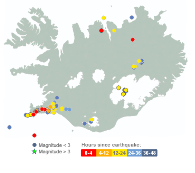 Earthquakes during last 48 hours (The Icelandic Met Office)