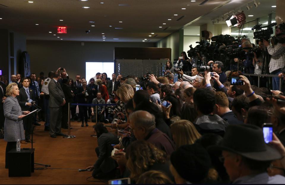 Former U.S. Secretary of State Hillary Clinton speaks during a press conference at the United Nations in New York March 10, 2015. (Lucas Jackson/REUTERS)