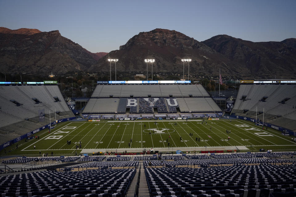 Oct. 31, 2020; Provo, Utah; LaVell Edwards Stadium is shown before the start of an NCAA college football game between BYU and Western Kentucky on Saturday, Oct. 31, 2020, in Provo, Utah. Rick Bowmer/Pool Photo-USA TODAY Sports