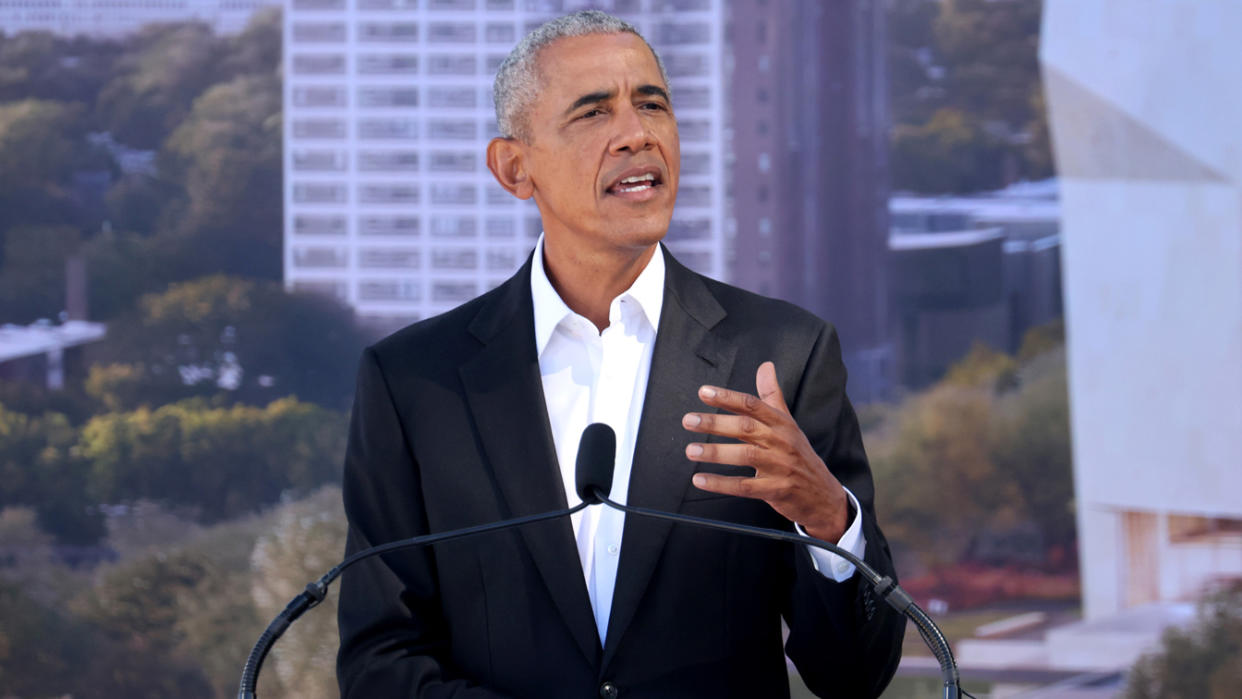 Former U.S. President Barack Obama speaks during a ceremonial groundbreaking at the Obama Presidential Center in Jackson Park on September 28, 2021 in Chicago, Illinois. (Scott Olson/Getty Images)