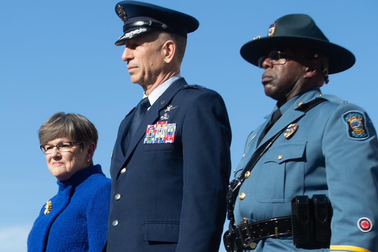 Kansas Highway Patrol Superintendent Herman Jones, right, will retire from Gov. Laura Kelly's cabinet amid legal trouble and political controversy. Adjutant General David Weishaar, center, who leads the Kansas National Guard, is also retiring from Kelly's cabinet.