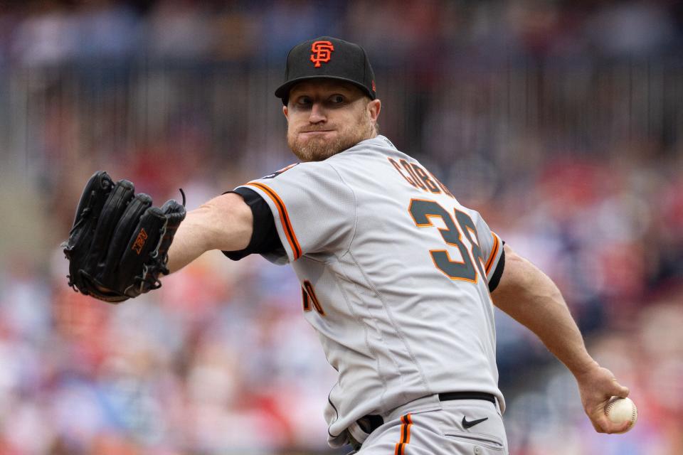 San Francisco Giants starter Alex Cobb (38) throws a pitch against the Philadelphia Phillies on Aug. 23, 2023, in Philadelphia.