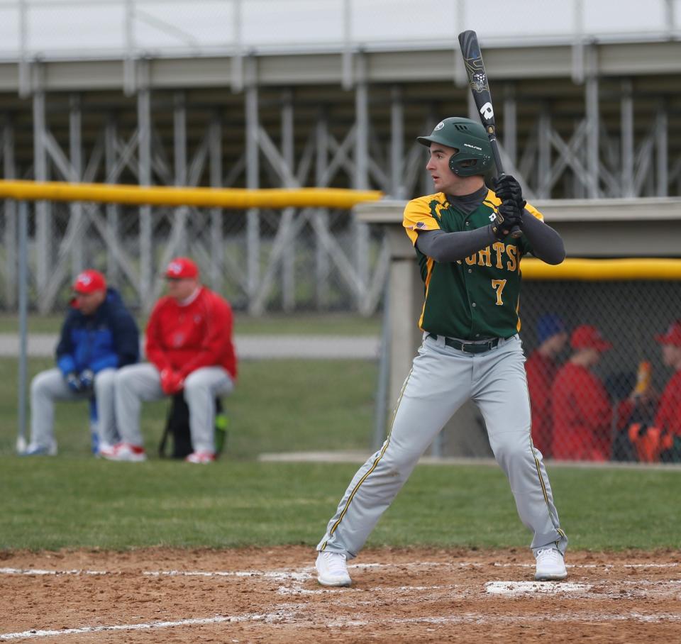 Northeastern junior Treydon York waits for a pitch during a game against Tri-Village March 29, 2022.