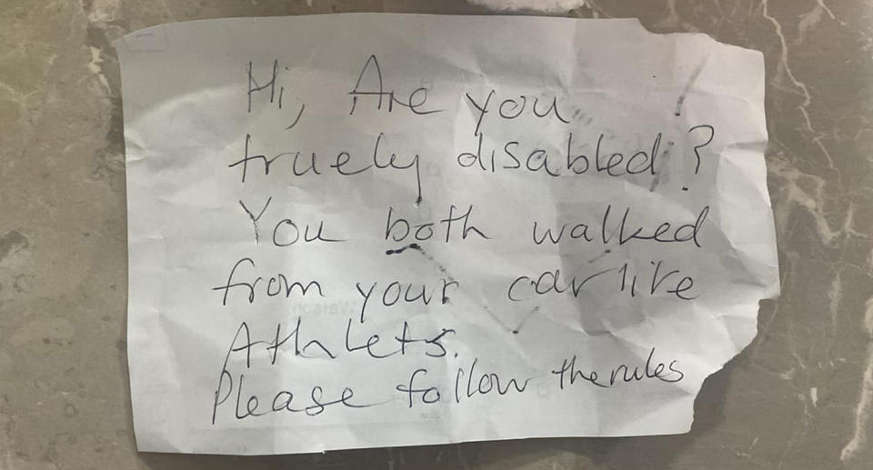 The handwritten note was left on the windshield of the car parked in disabled parking, it reads: 