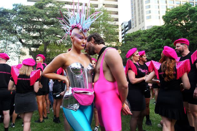 Parade goers gather in Hyde Park during the 2020 Sydney Gay & Lesbian Mardi Gras Parade on February 29, 2020 in Sydney, Australia.