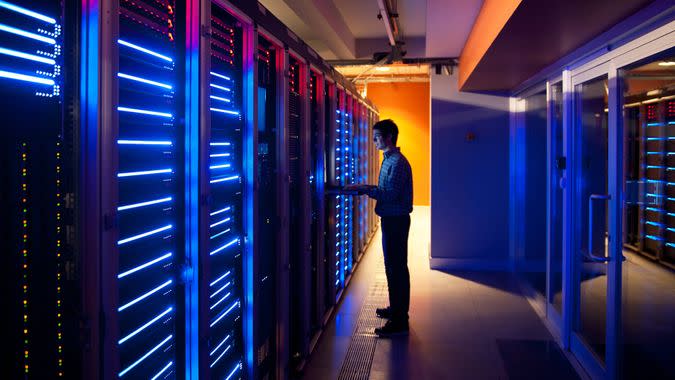 Modern interior of server room in datacenter.