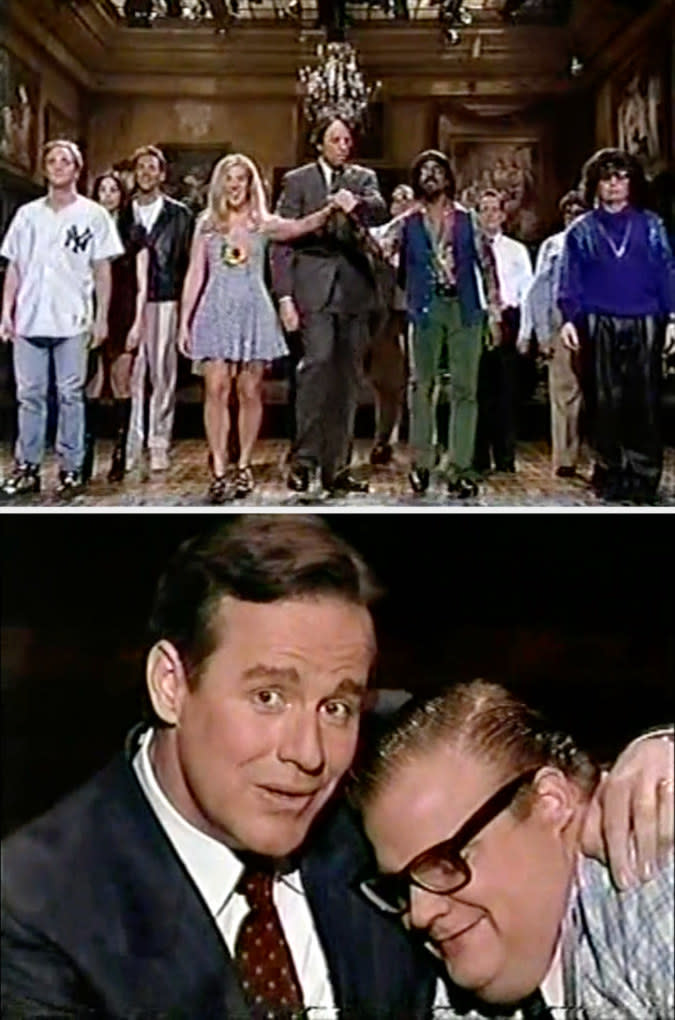 Top: Castmates dance on stage in "Saturday Night Live" Bottom: Phil Hartman holds Chris Farley and looks into the camera in "Saturday Night Live"