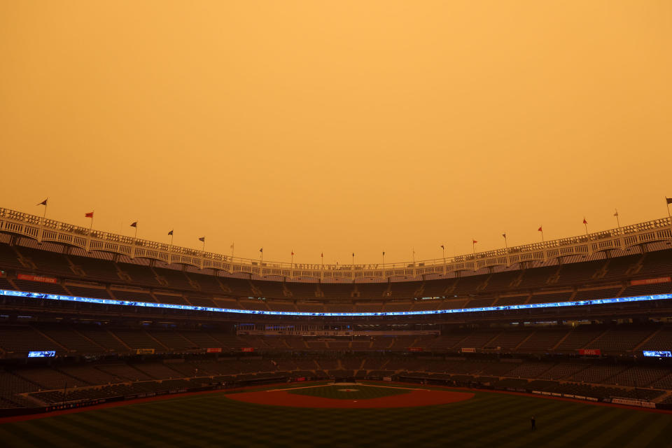 A general view of hazy conditions at Yankee Stadium resulting from Canadian wildfires, which postponed a game between the Chicago White Sox and the New York Yankees on June 7, 2023.<span class="copyright">New York Yankees/Getty Images</span>
