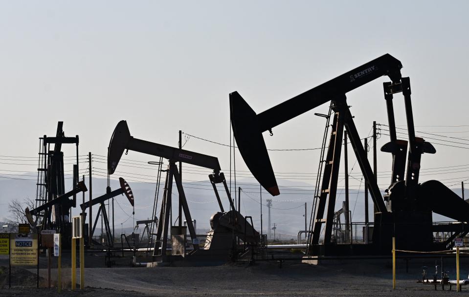 Working oil pumpjacks on the outskirts of Maricopa in Kern County, California, on September 21, 2023. Gas prices in California have been rising once again, well above the national average, and California Governor Gavin Newsom this week called out the Oil industry for their role in causing the climate crisis during an address to the UN Climate Ambition Summit. (Photo by Frederic J. BROWN / AFP) (Photo by FREDERIC J. BROWN/AFP via Getty Images)