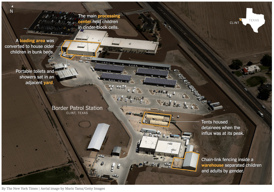 An overview of the Border Patrol Station in Clint, Texas, used to house migrant children.