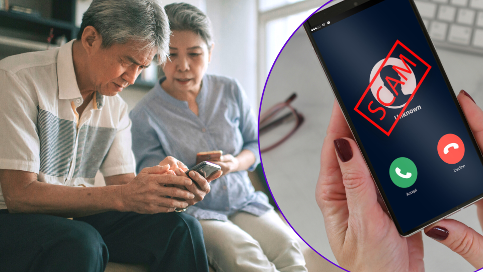 Elderly Asian couple looking at a mobile phone with an inset of a close up of a phone with a scam alert.