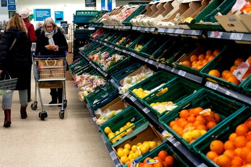 <span class="caption">Food supply changes.</span> <span class="attribution"><a class="link " href="https://www.shutterstock.com/image-photo/tesco-supermarket-brighton-hove-england-2019-1309185721?src=vGL4B_j1o5Swl8HkCp6HRQ-1-12" rel="nofollow noopener" target="_blank" data-ylk="slk:Philip Reeve/Shutterstock;elm:context_link;itc:0;sec:content-canvas">Philip Reeve/Shutterstock</a></span>