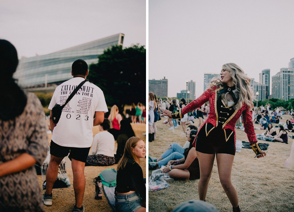 Adriana Vermazen, right, drove 3 ½ hours to celebrate her 28th birthday in the park outside Soldier Field. She handmade a replica of Swift's costume from the 