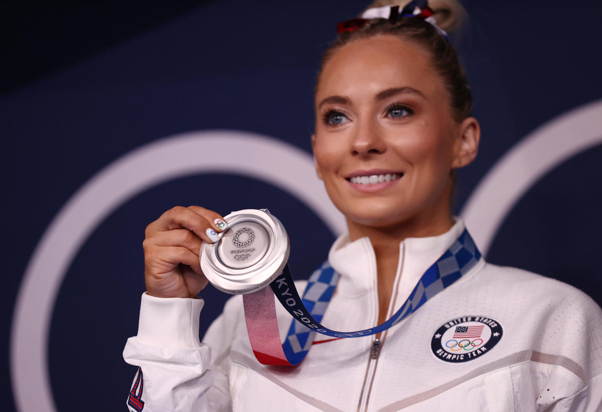 TOKYO, JAPAN - AUGUST 01: Mykayla Skinner of Team United States poses with the silver medal following the Women's Vault Final on day nine of the Tokyo 2020 Olympic Games at Ariake Gymnastics Centre on August 01, 2021 in Tokyo, Japan. (Photo by Maja Hitij/Getty Images)