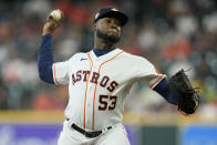 Houston Astros starting pitcher Cristian Javier delivers during the first inning of the team's baseball game against the Cleveland Guardians, Wednesday, May 25, 2022, in Houston. (AP Photo/Eric Christian Smith)