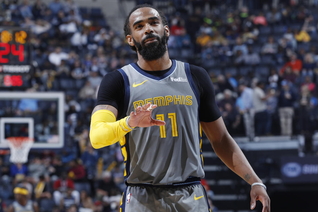 MEMPHIS, TN - MARCH 23: Mike Conley #11 of the Memphis Grizzlies looks on during the game against the Minnesota Timberwolves at FedExForum on March 23, 2019 in Memphis, Tennessee. Minnesota won 112-99. NOTE TO USER: User expressly acknowledges and agrees that, by downloading and or using the photograph, User is consenting to the terms and conditions of the Getty Images License Agreement. (Photo by Joe Robbins/Getty Images)