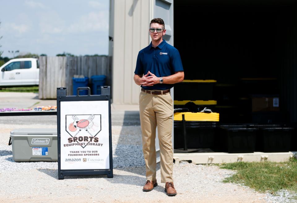 Garrett Cline, Republic Parks and Recreation Superintendent of Athletics, talks about the sports equipment library located at the Republic Community Center on Tuesday, July 23, 2024.