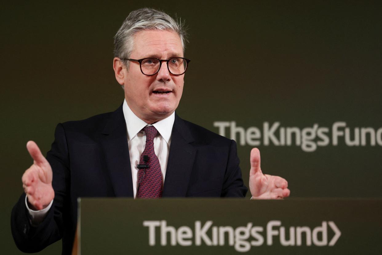 Britain's Prime Minister Keir Starmer delivers a speech in London, Thursday Sept. 12, 2024. (Isabel Infantes/Pool Photo via AP)