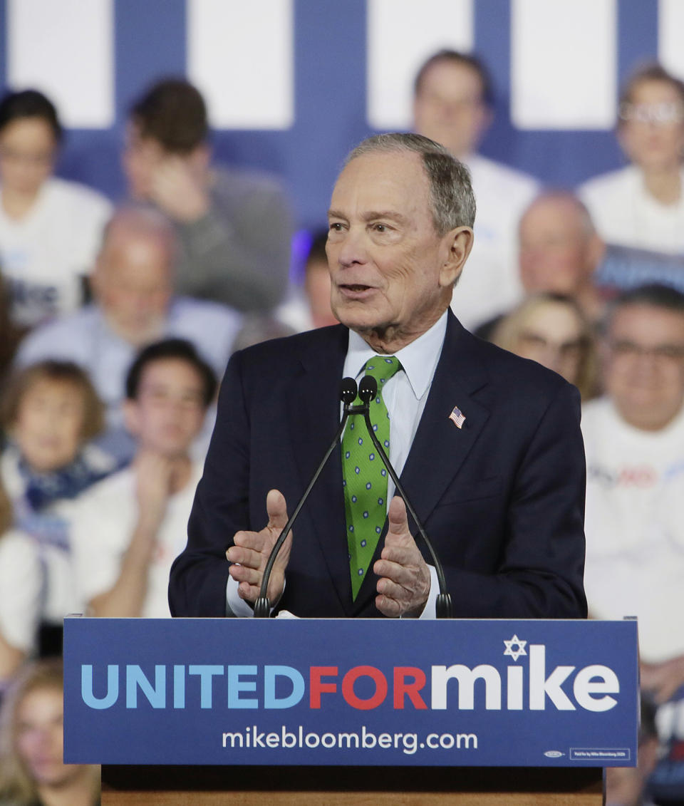 Presidential candidate, and former New York mayor Michael Bloomberg speaks to Jewish voters on Sunday, Jan. 26, 2020 at Aventura Turnberry Jewish Center in Aventura, Fla. (Andrew Uloza/Miami Herald via AP)