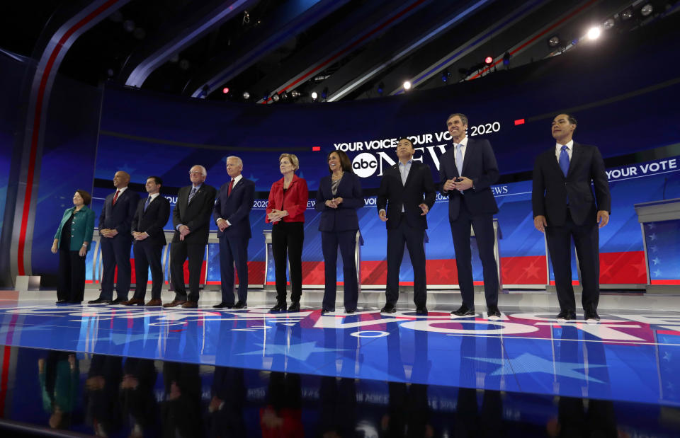 From left, Democratic presidential candidates Sen. Amy Klobuchar, D-Minn., Sen. Cory Booker, D-N.J., South Bend Mayor Pete Buttigieg, Sen. Bernie Sanders, I-Vt., former Vice President Joe Biden, Sen. Elizabeth Warren, D-Mass., Sen. Kamala Harris, D-Calif., entrepreneur Andrew Yang, former Texas Rep. Beto O'Rourke and former Housing Secretary Julian Castro are introduced for the Democratic presidential primary debate hosted by ABC on the campus of Texas Southern University Thursday, Sept. 12, 2019, in Houston. (AP Photo/Eric Gay)