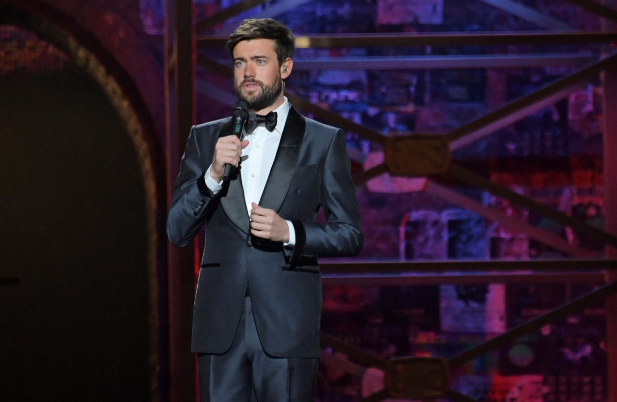 Jack Whitehall speaks during The BRIT Awards 2020 rehearsals at The O2 Arena on February 18, 2020 in London, England.  (Photo by David M. Benett/Dave Benett/Getty Images)