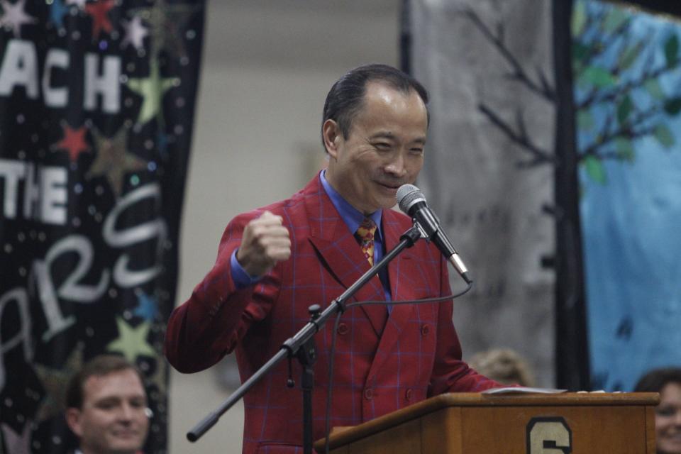 Dr Ming Wang delivers the commencement address at Stewart County High School's Class of 2019 graduation ceremony on Sunday, May 19, 2019.