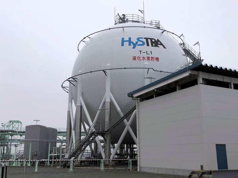 FILE PHOTO: The logo of the HySTRA is seen on a liquefied hydrogen storage tank in Kobe, Japan