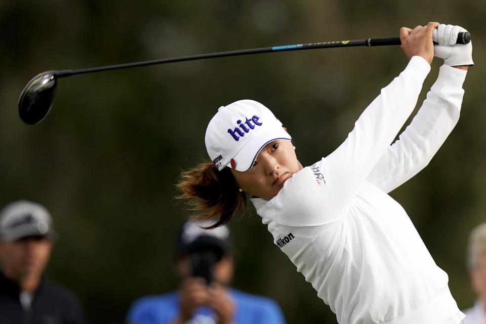 Jin Young Ko, of South Korea, watches her tee shot on the second hole during the first round of the LPGA Tour ANA Inspiration golf tournament at Mission Hills Country Club, Thursday, April 4, 2019, in Rancho Mirage, Calif. (AP Photo/Chris Carlson)