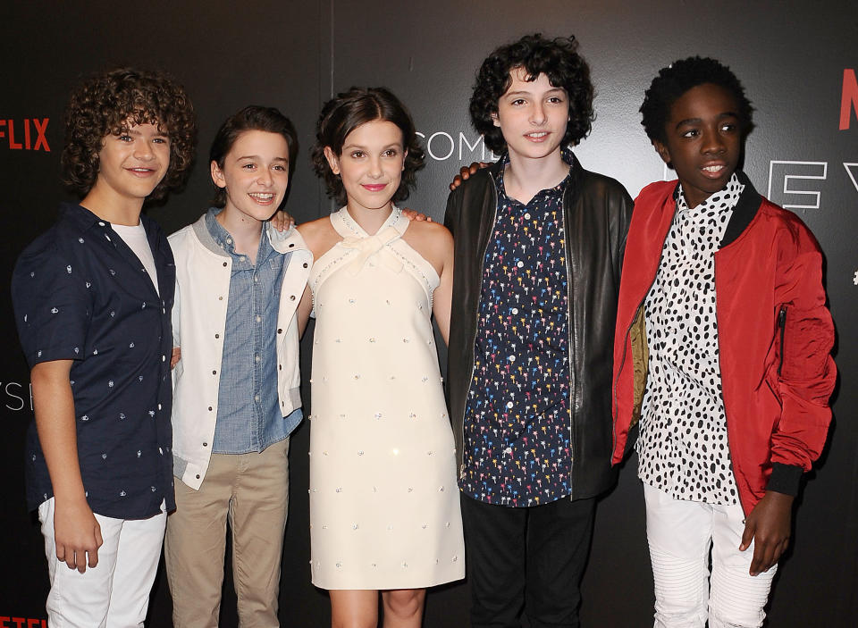 BEVERLY HILLS, CA - JUNE 06:  (L-R) Gaten Matarazzo, Noah Schnapp, Millie Bobby Brown, Finn Wolfhard and Caleb McLaughlin attend the "Stranger Things" FYC event at Netflix FYSee Space on June 6, 2017 in Beverly Hills, California.  (Photo by Jason LaVeris/WireImage)