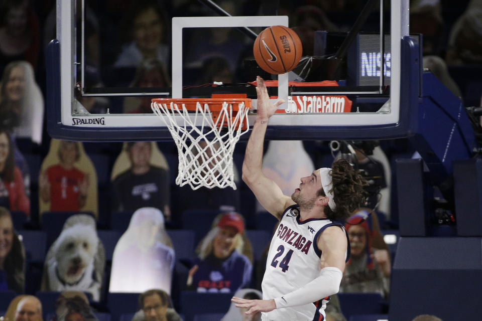 Gonzaga forward Corey Kispert shoots during the first half of an NCAA college basketball game against Santa Clara in Spokane, Wash., Thursday, Feb. 25, 2021. (AP Photo/Young Kwak)